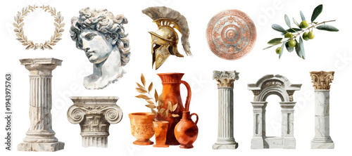Hand-drawn antique Mediterranean architecture with Roman pillars, amphora vases, marble sculptures, and olive branches. Vintage bohemian design elements in soft tones.