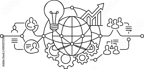 Line art vector of global networking, team collaboration, and business growth