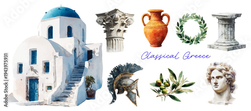 Santorini-inspired vector set with classical pillars, olive branches, and marble statues. Mediterranean summer vibes meet timeless architectural elegance and art.