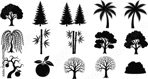 Tree Silhouette Collection with Pine, Palm, Bamboo, Willow, Fruit Tree, Bare Winter Trees and Bush Elements for Nature Landscape Design