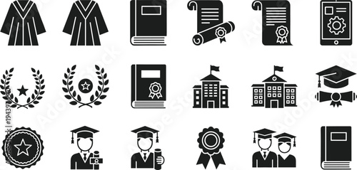Education and Graduation Icon Set with Academic Books, Diploma Certificates, School Buildings, Laurels, Graduates and Achievement Awards Symbols