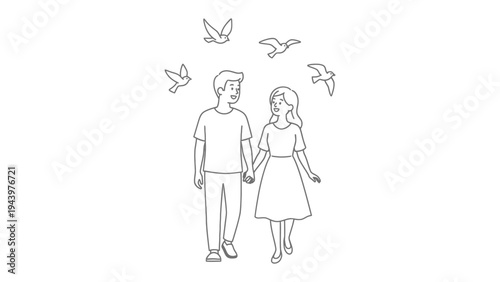 Embracing Connection: A loving couple strolls hand-in-hand, their bond symbolized by the soaring birds above, representing freedom and shared journeys. 