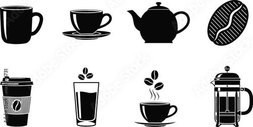Coffee and Beverage Icon Set with Coffee Cup, Teapot, Coffee Bean, Takeaway Cup, Latte Glass and French Press Maker for Cafe Menu Design