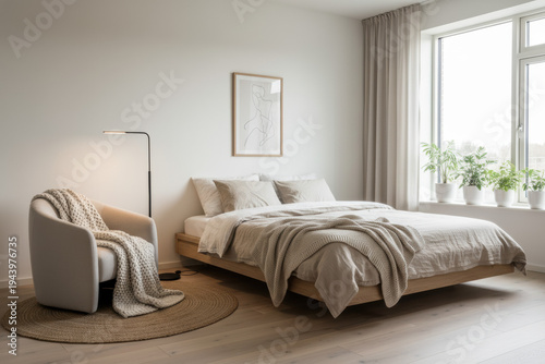 Minimalist Japandi Bedroom Interior with Wooden Platform Bed and Neutral Tones