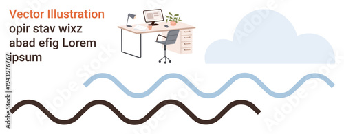 Office setups, remote work, creativity, minimalism, workspace decor, digital design. Workspace with desk, chair computer clouds wavy lines. Office setups and remote work