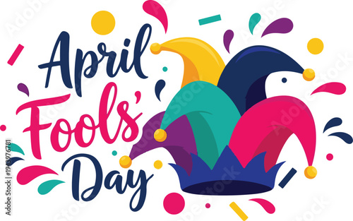 Vectoe art of colorful april fools day illustration with jester hats and confetti