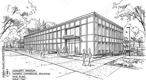 Expressive perspective of a modern two-story commercial building featuring a glass curtain wall facade, landscaped site, and pedestrian figures.