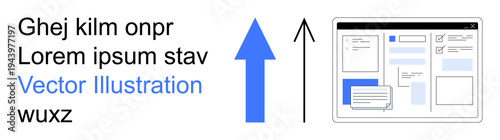 Web design, UX, interface layout, user navigation, digital tools, graphic elements. Blue arrow pointing up alongside user interface template. Web design and UX concepts