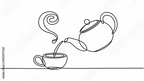Continuous line drawing of a teapot pouring hot tea into a cup with steam rising