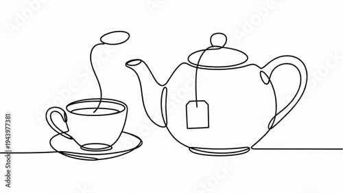 Steaming cup of tea with teapot one line drawing black outline on white background hot beverage