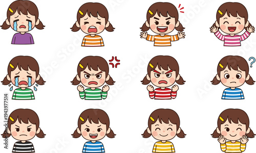 Cute little girl character expressions set featuring various emotions like happy, sad, angry, crying, surprised, and confused in flat vector style.