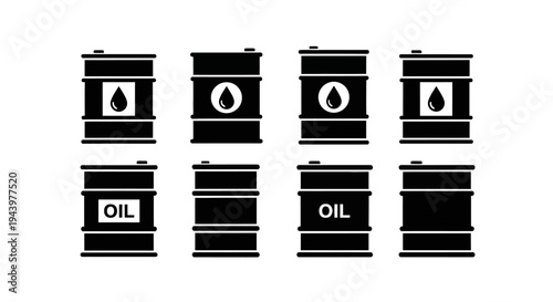 Minimalist flat vector illustration set of oil barrel icons arranged in a grid layout.