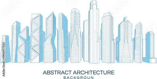 Metropolitan architectural skyline panorama featuring blue line-art skyscrapers, modern geometric facades, and a clean technical background design.