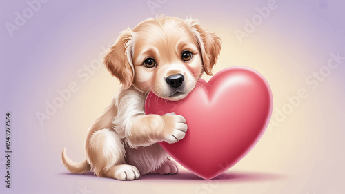 Cute puppy holding pink heart symbolizing love and affection with soft lighting and pastel background