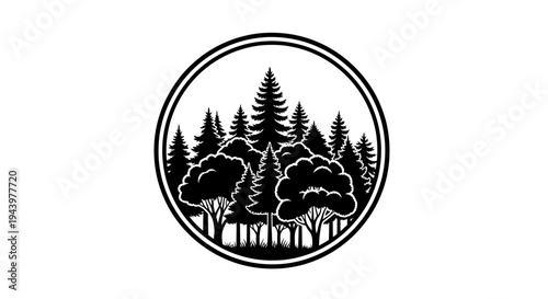 Circular emblem with silhouette of diverse forest trees.