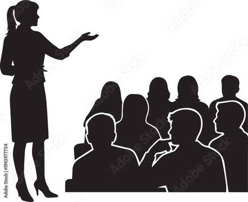 Silhouette vector illustration of female speaker giving presentation to large audience hall