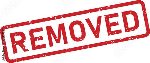 Grungy red rubber stamp with a clear impression of the word REMOVED on a crisp white backdrop