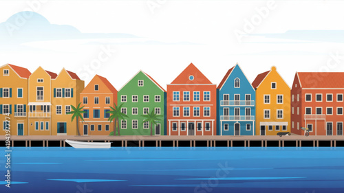 Colorful houses on stilts by calm blue water with a small boat tropical palm tree and vibrant sky