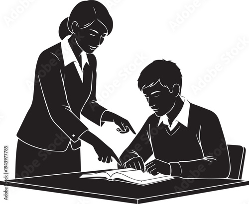Silhouette vector illustration of teacher helping student with book during classroom lesson