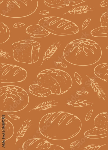 Sourdough Bread Background Pattern Vector Illustration Drawing, Rustic Hand Drawn Sketch Style Artisan Bakery Loaf Wheat Grain, Sourdough Boule Line Art Doodle Backdrop Graphic
