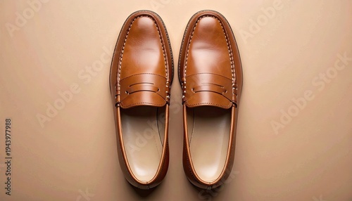 Overhead shot of two brown leather loafers on a beige surface