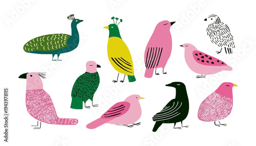 Bird illustration featuring a colorful flock of cartoon birds together