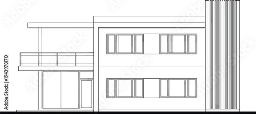 Technical architectural side elevation of a modern two-story house featuring vertical slatted facade details and balcony glass railings.