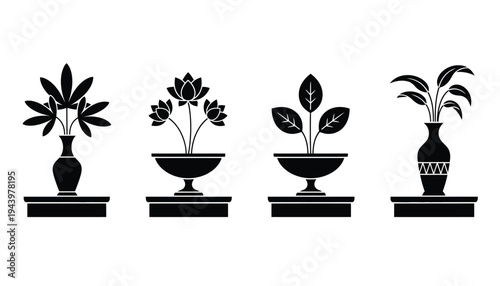 Flower silhouette vector illustration set of four plants in vases