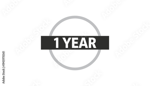 A one year anniversary logo with a gray circle and black banner