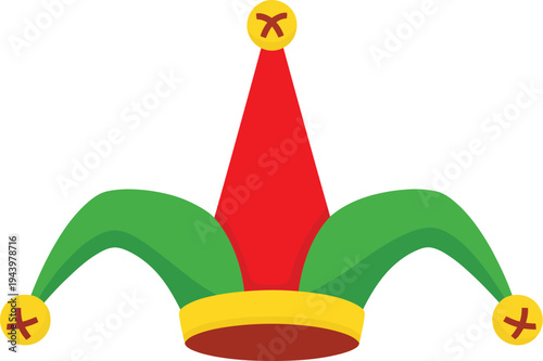 Jester hat icon with bells and pom poms on white background with icon with clown with harlequin