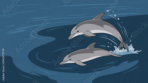 Two gray dolphins jumping and playing in dark blue ocean water with splashes