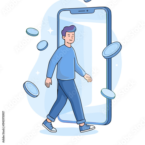 A man walks out of a large smartphone with coins floating around