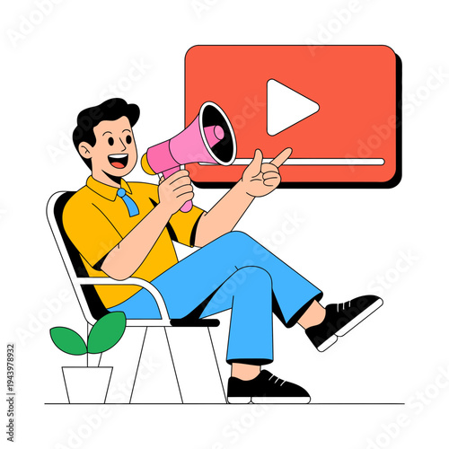 A man holding a megaphone and pointing to a YouTube play button icon
