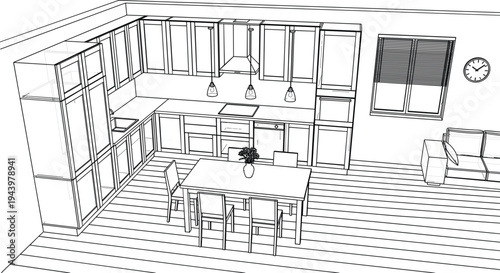 High-angle axonometric view of a modern residential kitchen featuring L-shaped cabinetry, a dining table set, and an integrated living area.