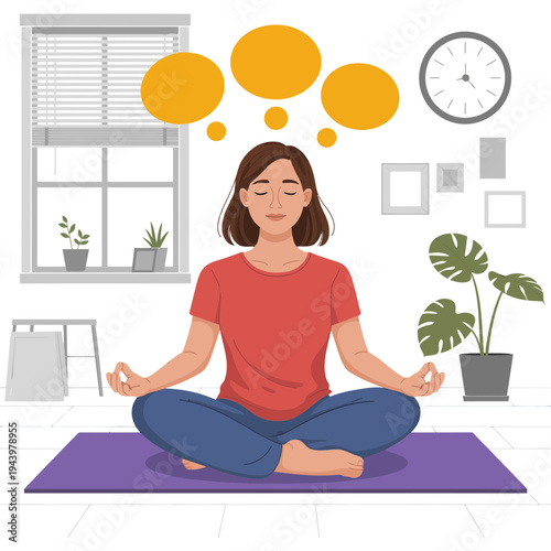 A woman meditating in a peaceful room with a purple yoga mat
