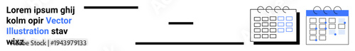 Time management, organization tools, planning, calendar scheduling, productivity, data. Two calendar icons with text and lines. Time management and organization tools concept