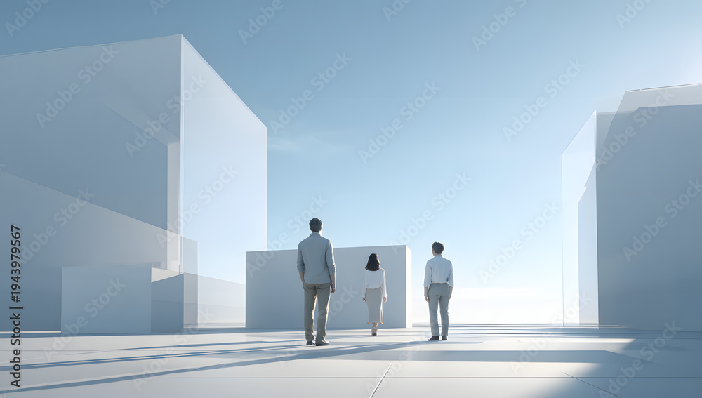 Fototapeta premium Three people stand near transparent building volumes in a white abstract environment in a futuristic composition illustrating the concept of a real estate launch campaign and property investment marke