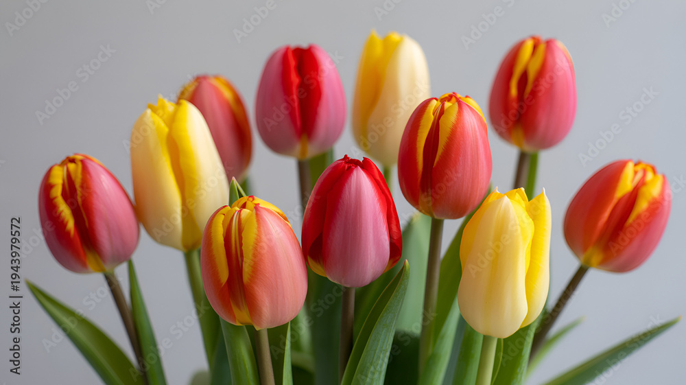 Obraz premium Vibrant bouquet of nine tulips in shades of red yellow and pink with green leaves on a gray background floral arrangement