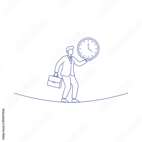 Businessman balancing on tightrope holding clock and briefcase.