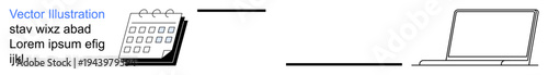 Time management, remote work, online meetings, productivity tools, task organization, calendar sync. Minimalistic ion of a calendar connected to a laptop. Time management and remote work