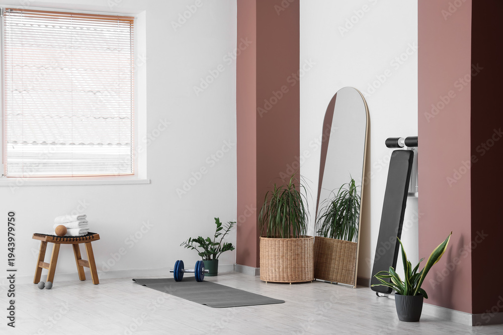 Fototapeta premium Interior of modern gym with mirror, towels, dumbbell, yoga mat and houseplants near window