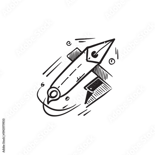 A simple black and white line art illustration of a fountain pen nib and a small utility knife Vector, illustration