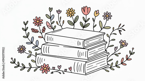 Stack of books with colorful flowers and leaves around education and learning concept bookworm reading