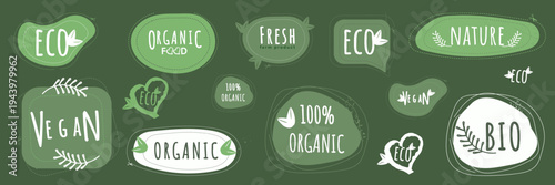 A set of green organic and vegan icons and stickers on a dark green background. A minimalist drawing style. Suitable for packaging products, farm goods, bio branding, and marketing.