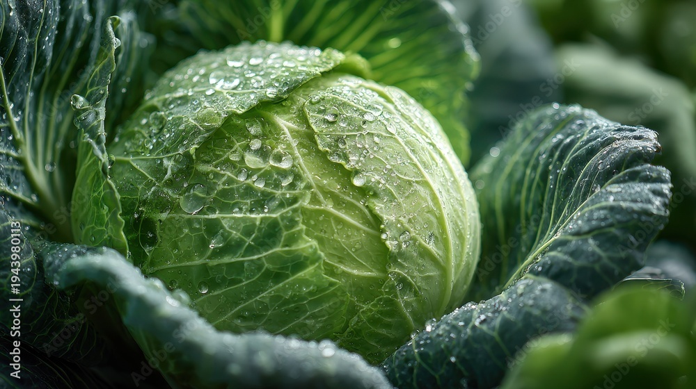 Obraz premium Macro shot of dew-kissed cabbage head, rich green texture and glistening droplets