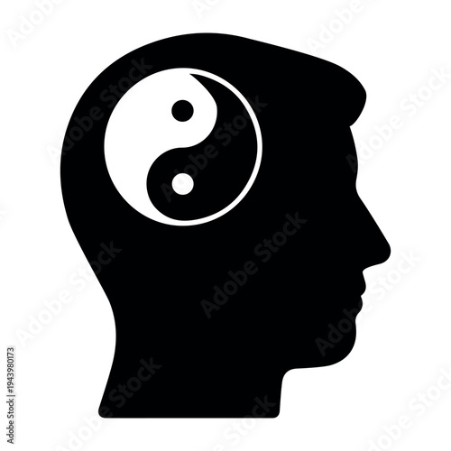 Print Yin Yang in Man Head Silhouette Icon. Inyang in Human Brain 