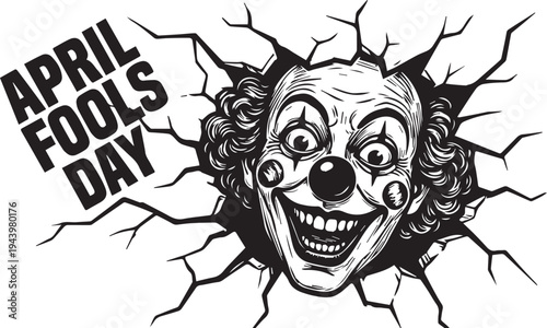 April Fools’ Day clown breaking wall prank humor vector illustration design