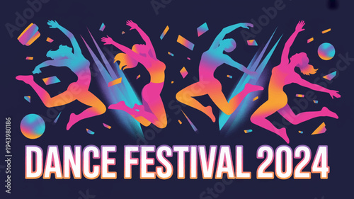 Vibrant dance festival poster with colorful dancers and 2024 text on dark background