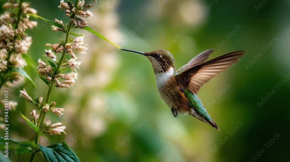 Fototapeta premium Macro wildlife scene of a hummingbird in flight against a lush green backdrop