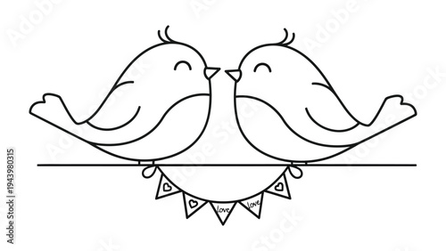 Two Love Birds Sitting on a Branch: A charming, hand-drawn illustration of two cute, stylized birds facing each other on a branch, their eyes closed and beak touching in a sweet embrace.